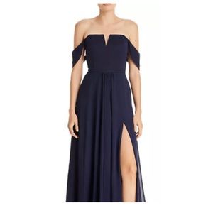 Aqua
Navy Blue Off The Shoulder Chiffon Maxi Gown High Slit Size 2 Formal Dress